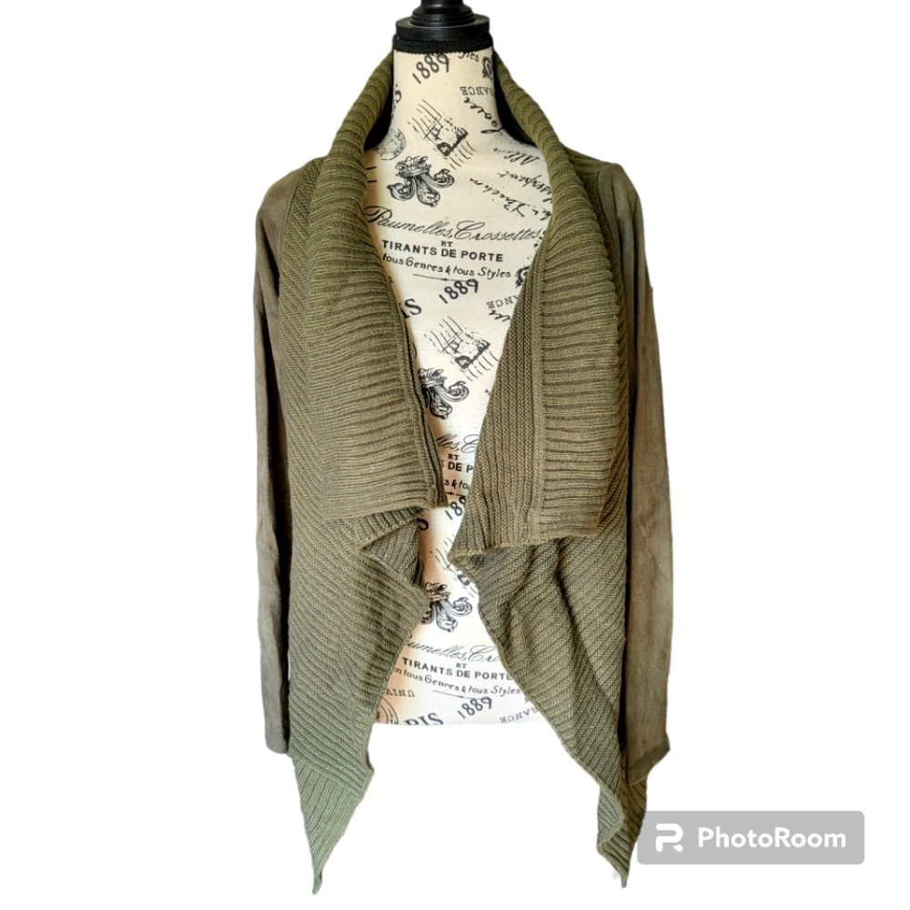 ethereal womens olive waterfall faux suede knitted open cardigan size small